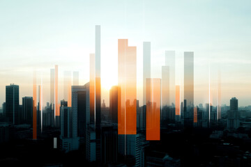 Naklejka premium A vibrant city skyline at sunset, showcasing tall buildings illuminated by warm hues, creating a stunning urban landscape.