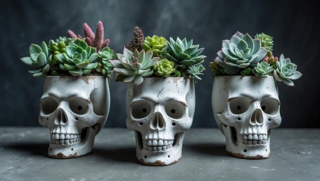 Skull-shaped white planters with succulents crafted from plaster and concrete, featuring a unique Halloween-inspired floral design. Modern minimalist art. Selective focus. - Powered by Adobe
