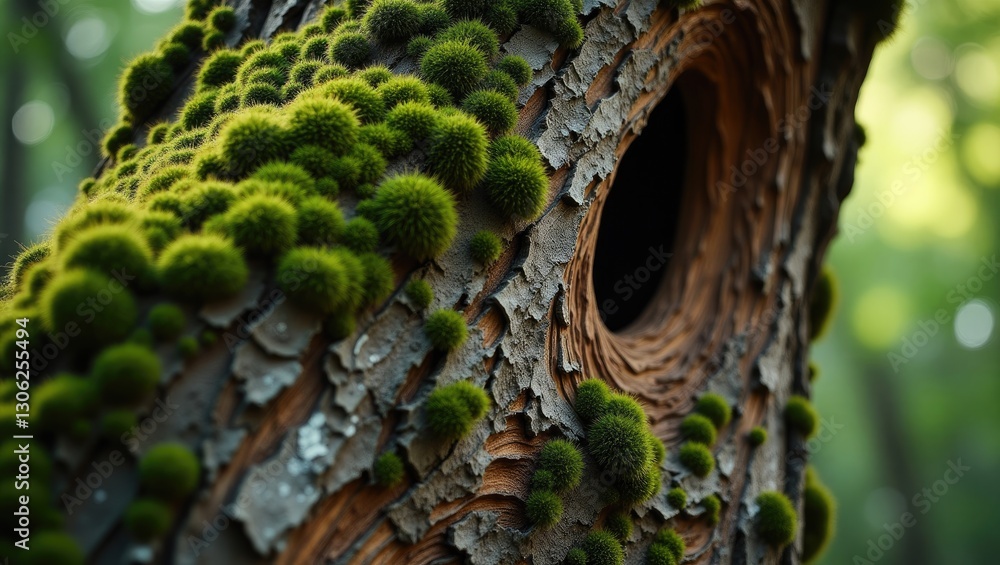Poster close-up view of oak tree bark featuring textured patterns adorned with green moss and lichen. enlar