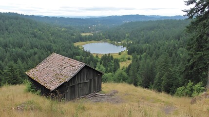 Obraz premium An Old Wooden Barn Overlooking A Lush Forest Lake Landscape