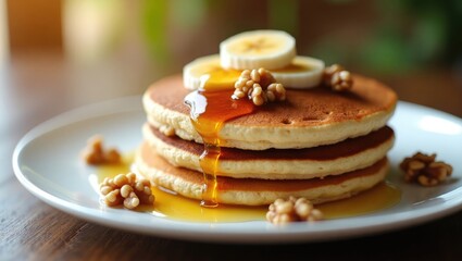Pancakes topped with banana, walnuts, and honey for a delicious breakfast