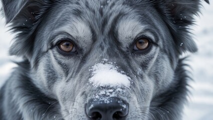 Intimate portrait of a Blue Merle Australian Shepherd in the snow