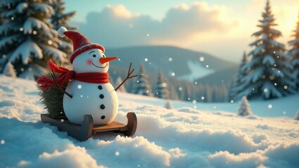 Obraz premium Festive greeting card featuring a snowman on a sled