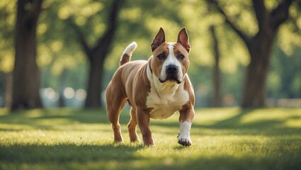Bull terrier enjoying a stroll in the park