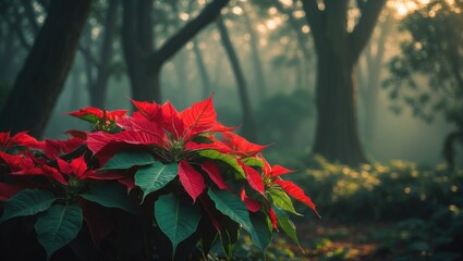 A poinsettia plant outdoors framed by a thick forest setting, designed as a web banner.