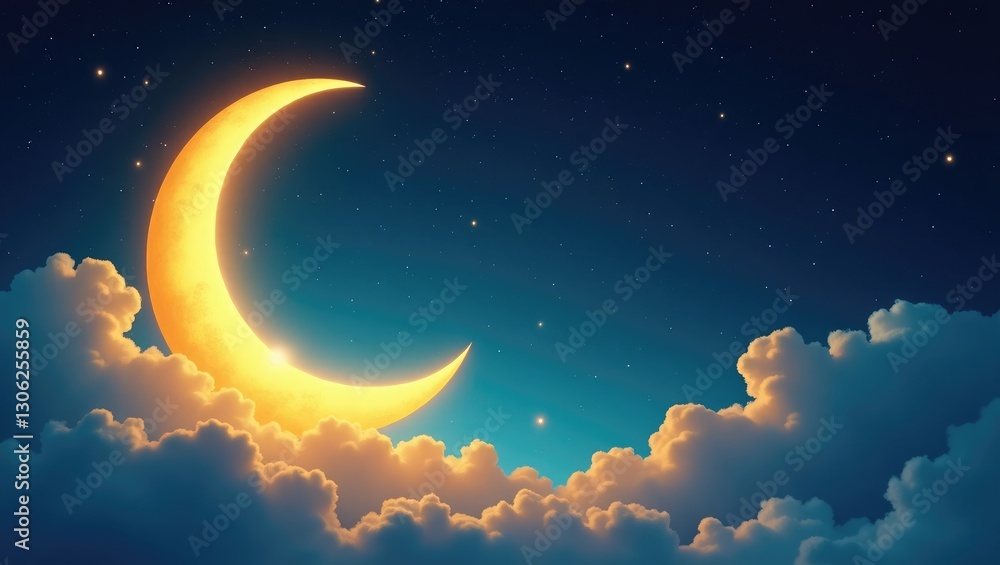 Poster crescent moon accompanied by clouds and stars. bright yellow moon. realistic features for festive ba