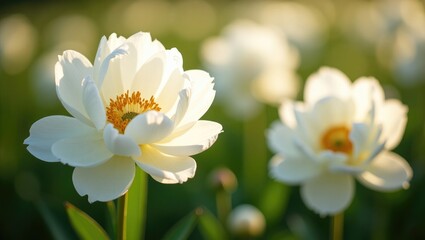 Obraz premium Detailed view of white peony blossoms in a garden bed