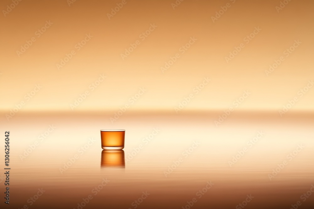Aufkleber A glass of amber whiskey sits serenely on a smooth reflective surface. Gentle shadows enhance its shape against a muted beige backdrop, creating a calming atmosphere