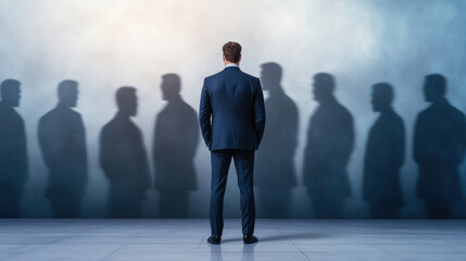 Fototapeta premium business leader standing alone, facing shadows of men in suits, symbolizing leadership and decision making. atmosphere conveys sense of contemplation and responsibility