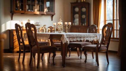 Dining area furnishings featuring tables and seating