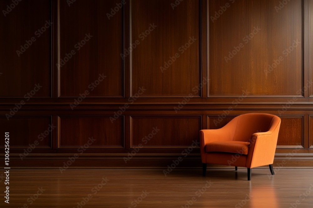 Aufkleber a modern armchair with soft upholstery stands alone against a classic dark paneled wall, illuminated