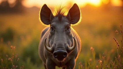 Warthog in its natural habitat, showcasing a close-up view of the brown wild pig with tusks. Wildlife setting captured during an African safari at Kruger National Park, South Africa.