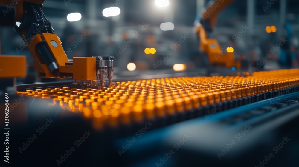 Poster A robotic arm assembles precision instruments on a production line. Glowing control panels illuminate the background, enhancing the factory's advanced technology