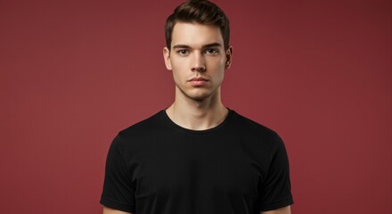 Fototapeta premium Serious man in black t-shirt against a maroon background.