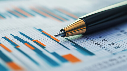Close-up of a pen on financial charts and graphs, a business concept for medical or stock market growth with data points