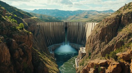 A massive dam in a rugged, untouched landscape, with water flowing over the spillways, surrounded by steep cliffs and vibrant greenery