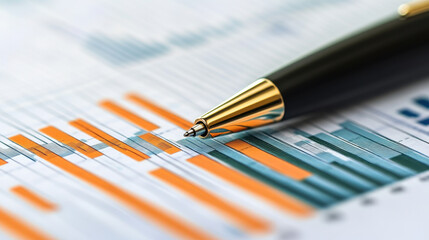Close-up of a pen on financial charts and graphs, a business concept for medical or stock market growth with data points