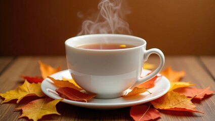 Steaming tea surrounded by fall foliage