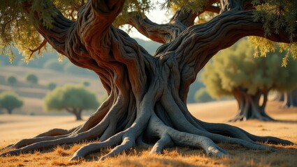twisted trunk, roots, and branches of an ancient olive tree
