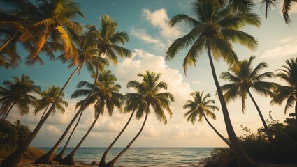 a breathtaking tropical scene featuring coconut palm trees and a nostalgic filter