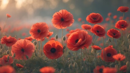 Obraz premium endless design. vibrant red blooms of Mallow, Rudbeckia, and poppies.