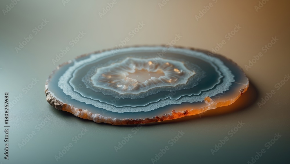 Poster close-up of a semi-transparent piece of natural agate stone. unique circular patterns and mineral te