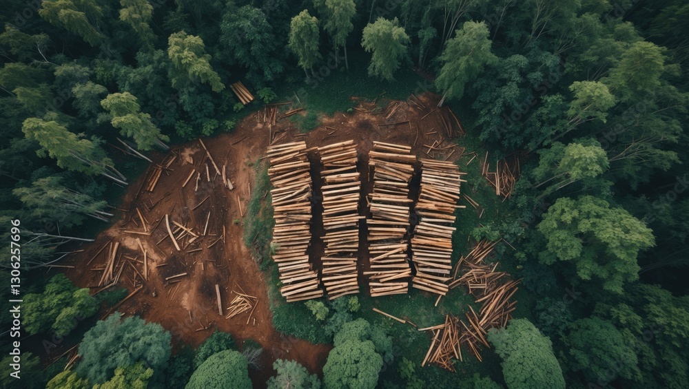 Poster Aerial view of tree removal and forest destruction. Illegal logging and deforestation activities visible in the area. Cut timber arranged in stacks. Unauthorized loss of woodland. Damage to forest ...