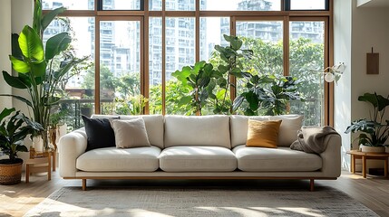 Modern minimalist living room with a sofa and coffee table, white walls, wooden window frames, floor-to-ceiling windows, 