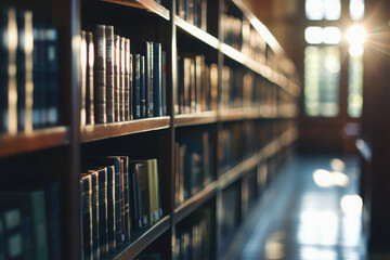 Fototapeta premium Rows of neatly organized books on library shelves in warm lighting.