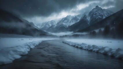 Rivers flowing beneath a cloudy sky, framed by towering snow-capped mountains.
