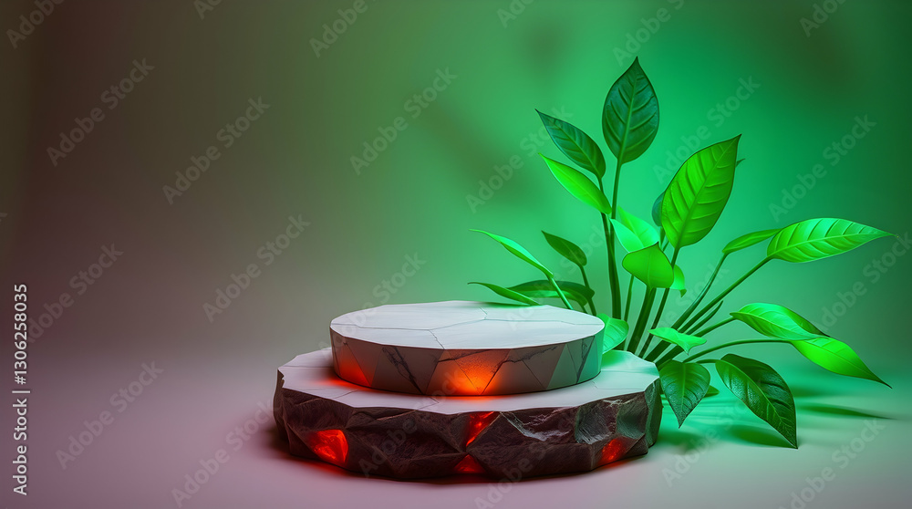 Poster two-tiered platform with glowing edges and green plant against a gradient background, creating a mod
