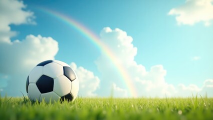 a scenic blue sky filled with clouds and a rainbow, a white leather soccer ball resting on green grass, with a beautiful background.
