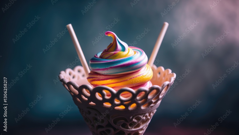 Poster vibrant meringue swirl in a decorative cone. close-up featuring ample blank space.