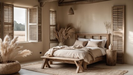 Scandinavian-inspired boho dÃ©cor in a cottage. Neutral-toned bedroom featuring wooden shutters, natural decor, and dried plants. Image.