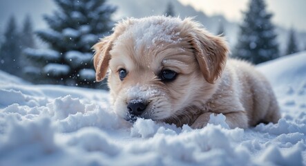 Adorable closeup of a playful puppy enjoying the snow. Purebred dog burying her face in the snowdrifts. Joyful pet unwinding and having fun in the winter outdoors. Unique and quirky animal scene.