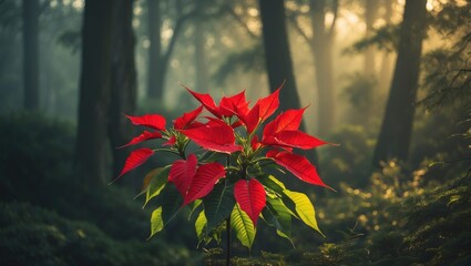 Image depicting a poinsettia plant in an outdoor setting, framed by a lush woodland environment, designed like a web banner.