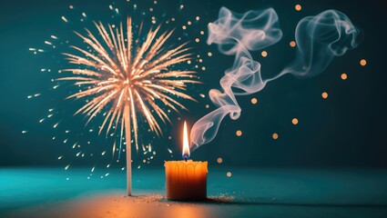 Sparkling firework with radiant sparks and smoke rising from a melting candle set against a turquoise backdrop, with space for text. Theme of celebratory occasion.