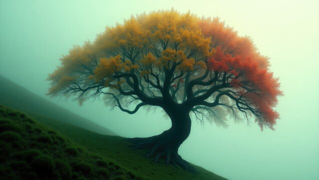 Stunning picture of a gracefully bent tree adorned with vibrant leaves resting on a lush green incline.