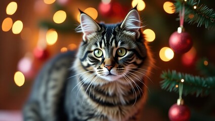 Fototapeta premium Charming mixed-breed cat amidst bokeh Christmas lights. Feline in front of a festive tree. Gray tabby cat set against glowing holiday decorations.