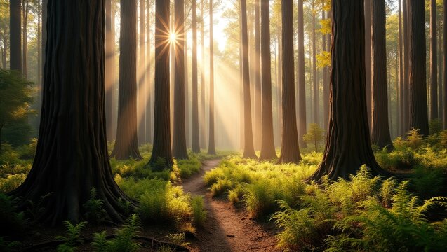 In the Boranup Forest of Western Australia, an expansive view captures tall, slender trees with rough bark alongside lush green ferns and bracken carpeting the forest floor.