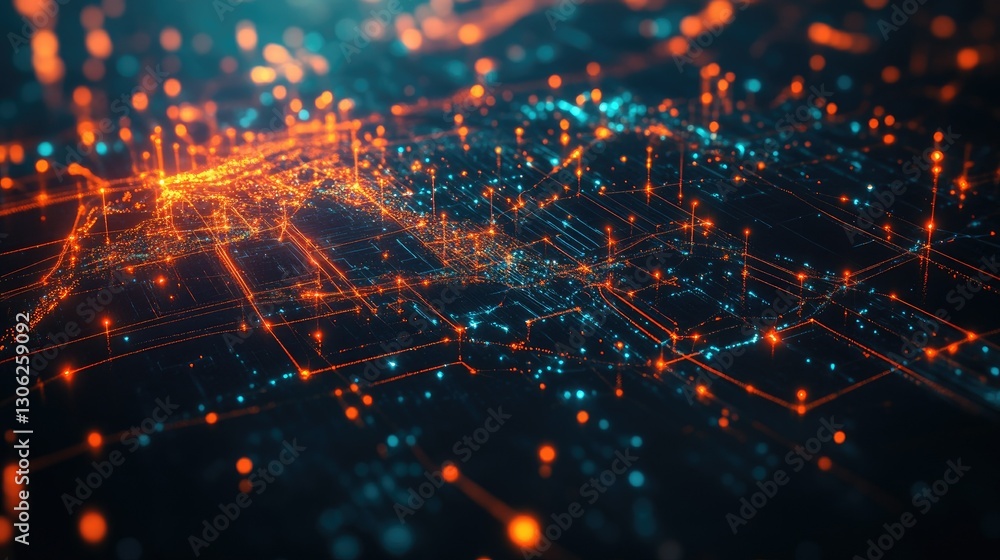Poster a modern logistics network map with bright, illuminated connections, representing the complexity and