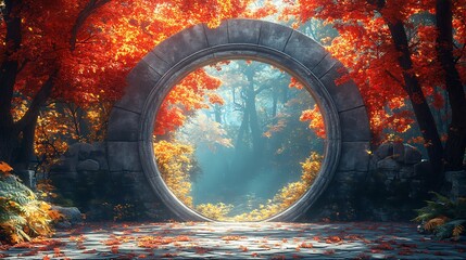 Mystical stone portal glows softly autumn forest. AI Generated