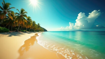 Fototapeta premium Tropical beach in Bali featuring sandy shores split by the ocean.