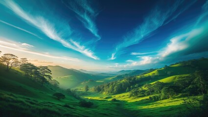 Clear sky above a verdant landscape. An exquisite natural scenery.