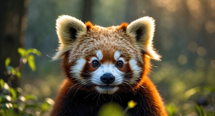Obraz premium Detail of a Red Panda sticking out its tongue in England during the spring season of 2019.