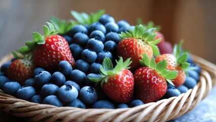Obraz premium Basket of summer berries including strawberries and blueberries