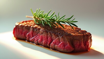 Cooked beef fillet steak garnished with rosemary, showcased against a white background.