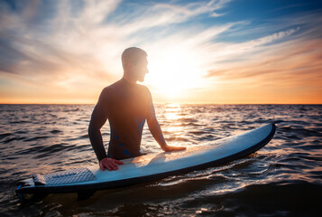 A man is sitting on a surfboard in the ocean
