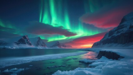 Fototapeta premium Stunning Arctic Rocky Seascape Artwork with Breathtaking Nature Background Featuring Aurora Borealis. Amazing Night Photography of Polar Lights Above Snowy Northern Mountains and Ocean, Great Wallp...
