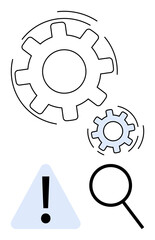 Interconnected gears spinning, magnifying glass, and warning triangle. Ideal for analysis, troubleshooting, problem-solving, optimization, teamwork risk management efficiency. Flat simple metaphor